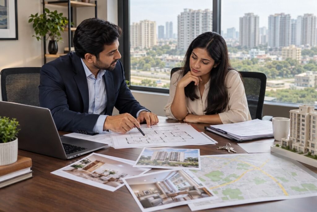 Property buyer reviewing documents for a Gurugram home purchase