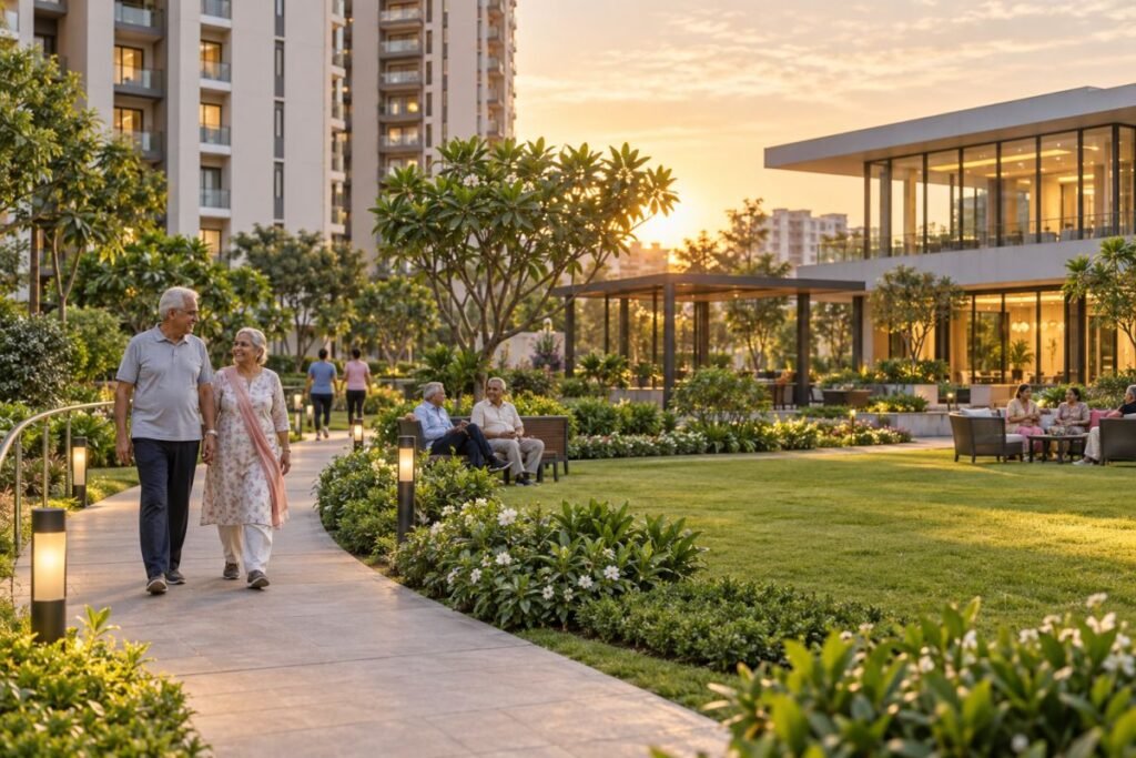 Senior-friendly amenities and landscaped greens at Lamose Gratitude