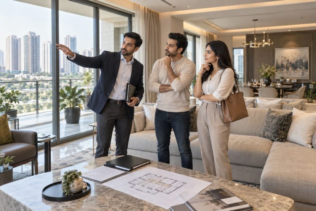 Homebuyer inspecting M3M Elie Saab luxury apartment investment