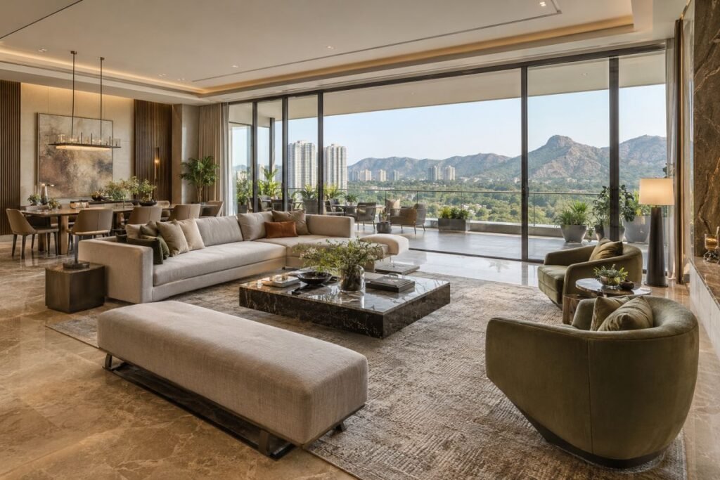 Paras Quartier 4 BHK luxury apartment interior with large living room and balcony