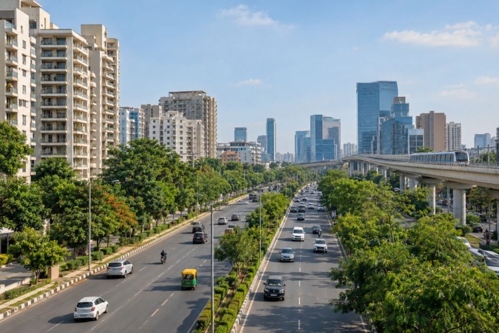 Sector 28 Gurugram connectivity with metro access, major roads and residential buildings