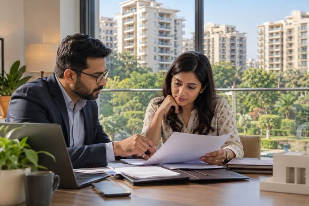 Property due diligence for resale flats in Sector 28 Gurugram with documents and residential property in background