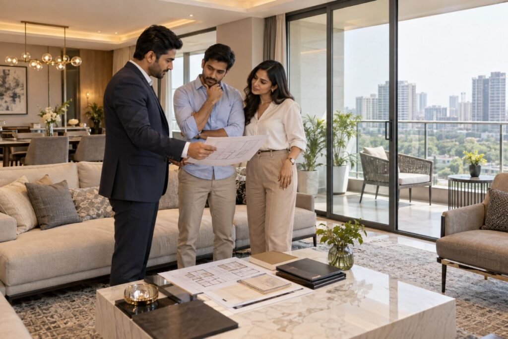 Homebuyer inspecting a property with a real estate consultant in Gurugram