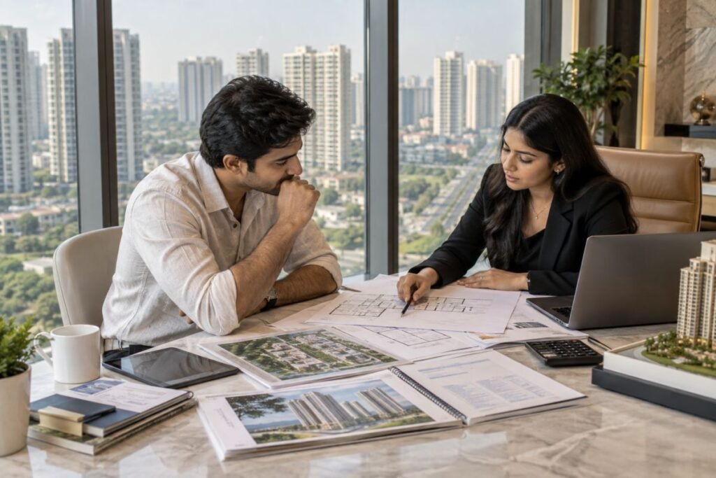 Sector 37 Gurugram property buyer reviewing project documents and floor plans