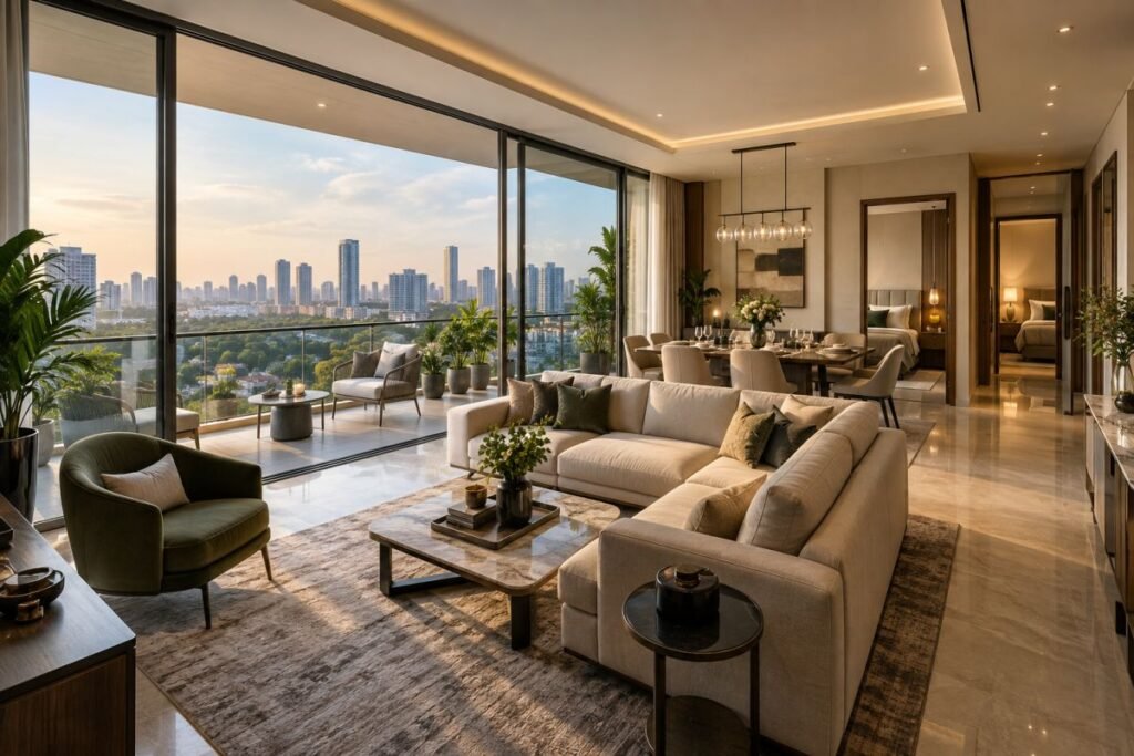 The Oryza 3 BHK apartment layout with spacious living areas and balcony