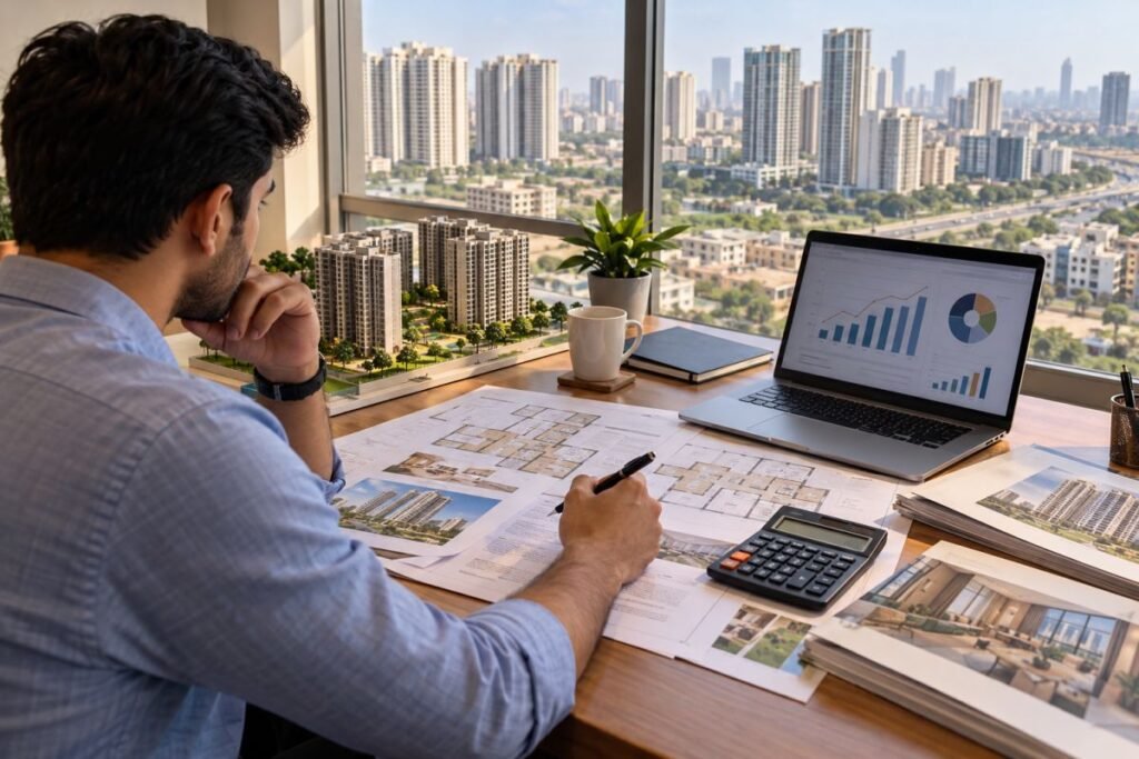 Homebuyer evaluating apartment floor plans and property costs before buying in Sohna Road, Gurugram.