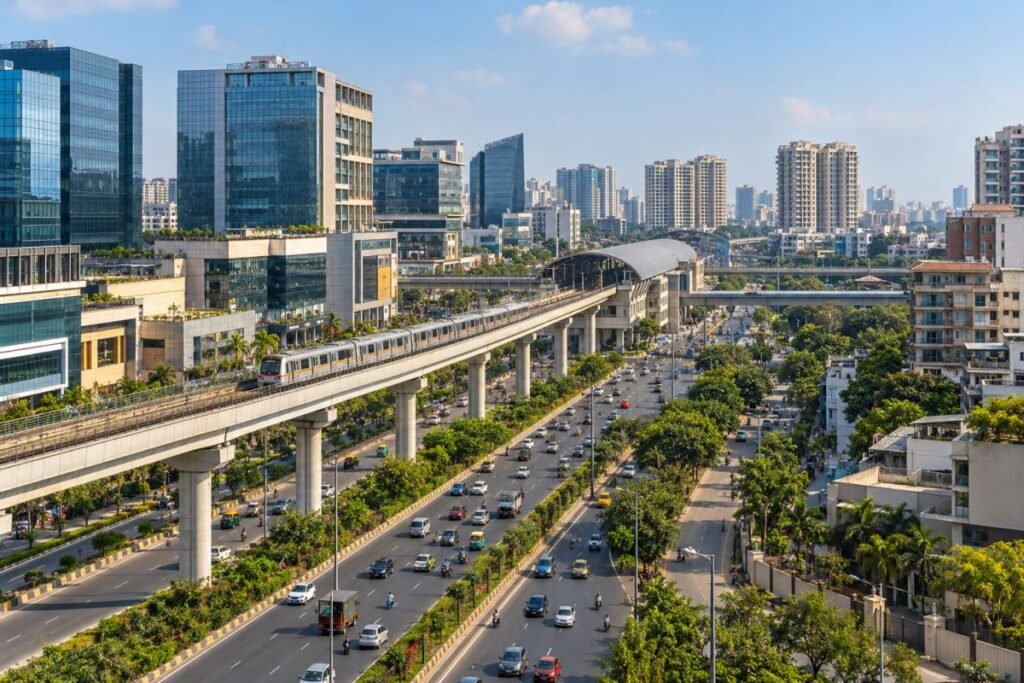 Gurugram urban connectivity near DLF Phase 1 and MG Road with metro access and commercial buildings