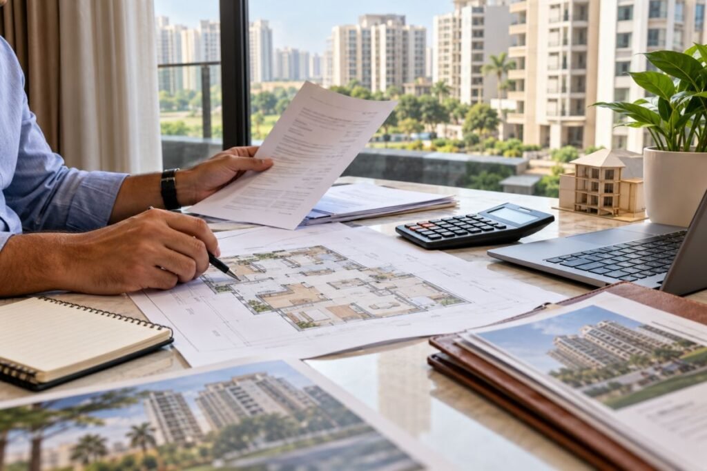 Property documents and floor plans being reviewed before buying a property in DLF Phase 1 Gurugram