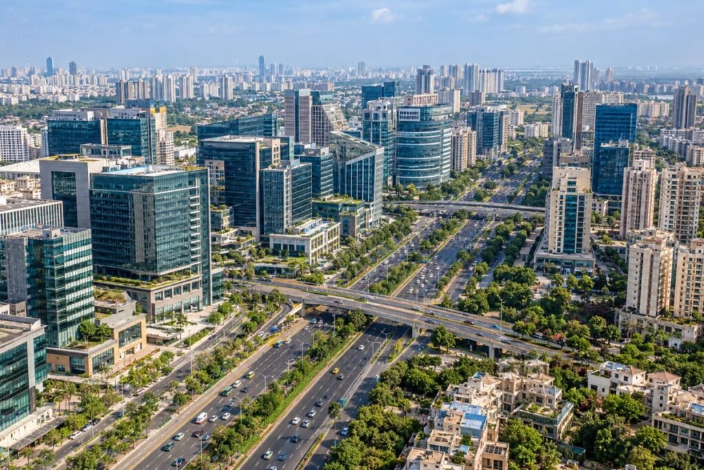 Gurugram office towers and urban road infrastructure illustrating connectivity considerations for DLF Phase 3 residents.