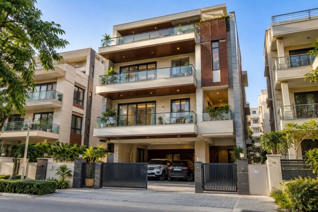 Modern independent builder-floor residence with balconies and parking in a Gurugram residential neighbourhood.