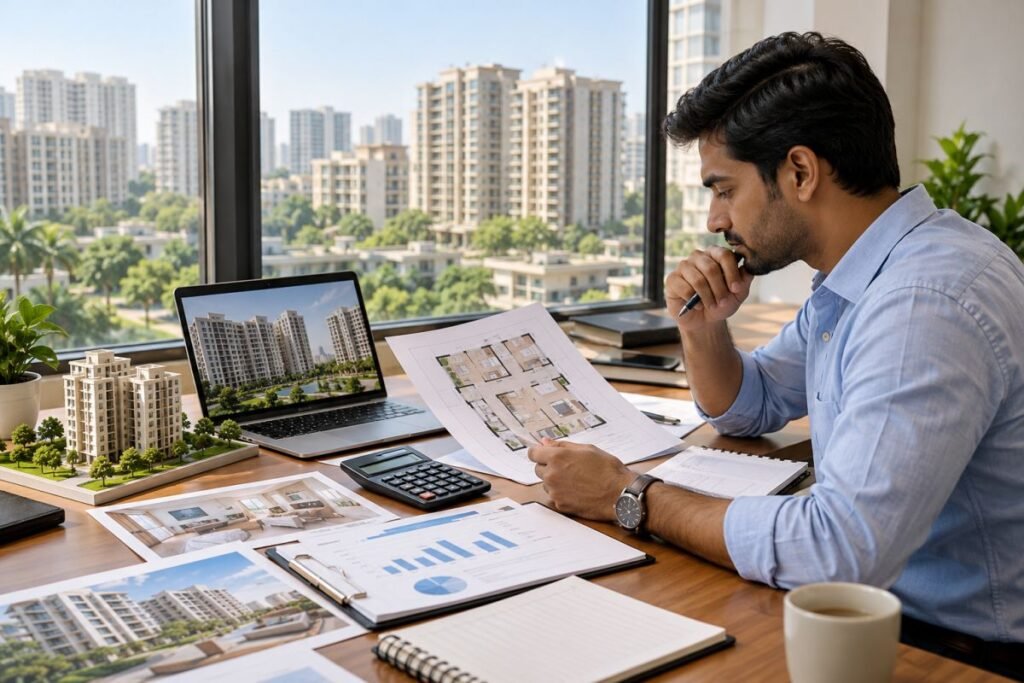 Property buyer reviewing residential floor plans and financial calculations before investing in Gurugram real estate.