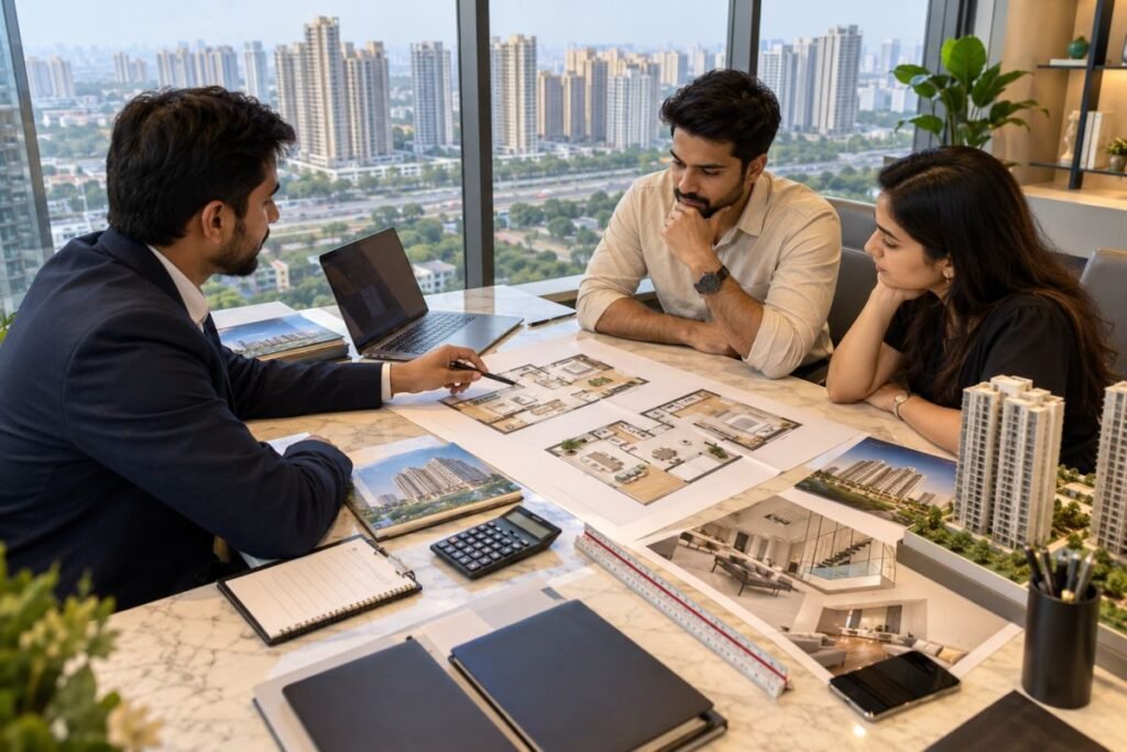 Buyer checking duplex property floor plan and documents in Gurugram