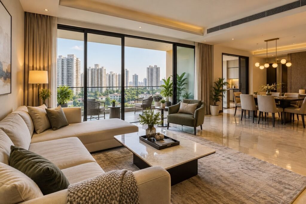 Flats in Sector 60 Gurugram featuring spacious living areas, modern interiors and residential tower views.