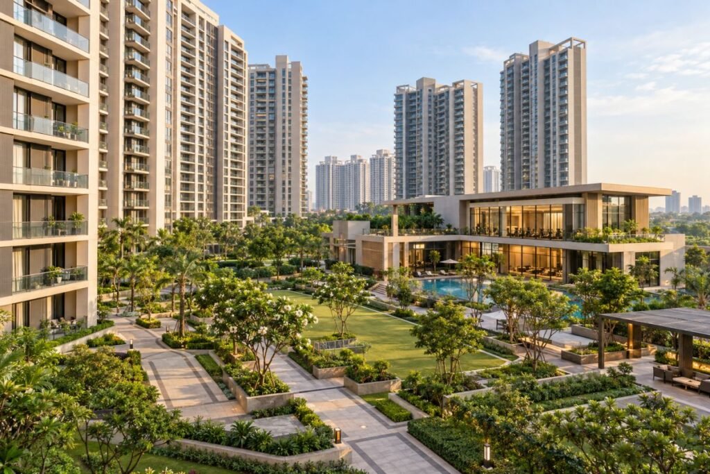 Residential flats on Southern Peripheral Road Gurugram with landscaped community spaces and modern amenities.