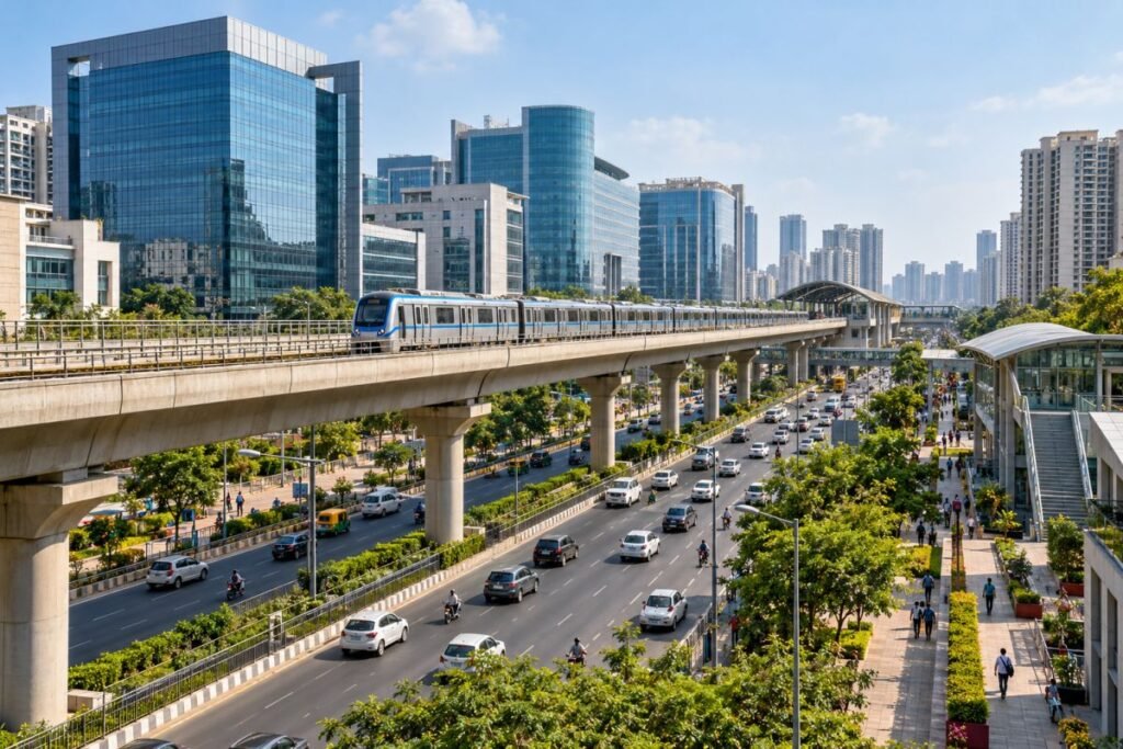 Metro and road connectivity serving residential areas near corporate offices in Gurugram.
