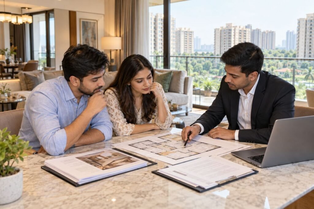Homebuyer reviewing property documents and inspecting an apartment before buying in Gurugram.