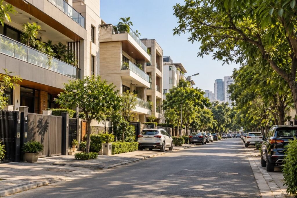 Properties in DLF Phase 3, Gurugram, showing established residential buildings and tree-lined streets.