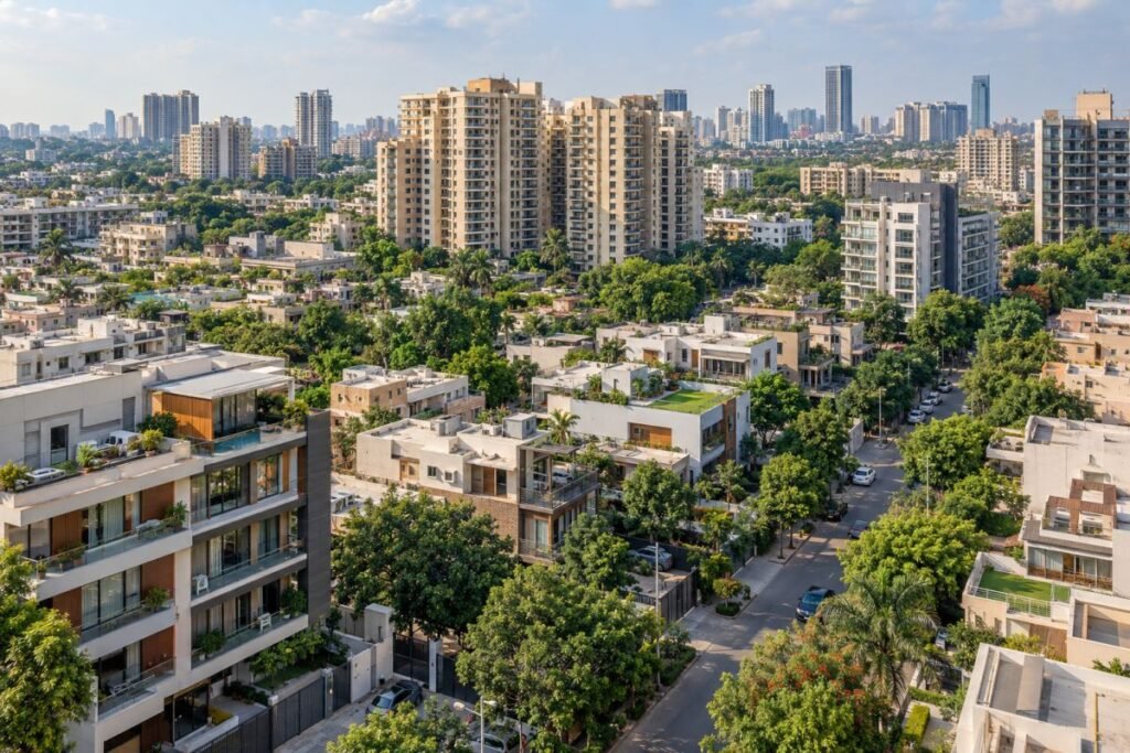 Properties in Sector 55 Gurugram locality overview with residential buildings