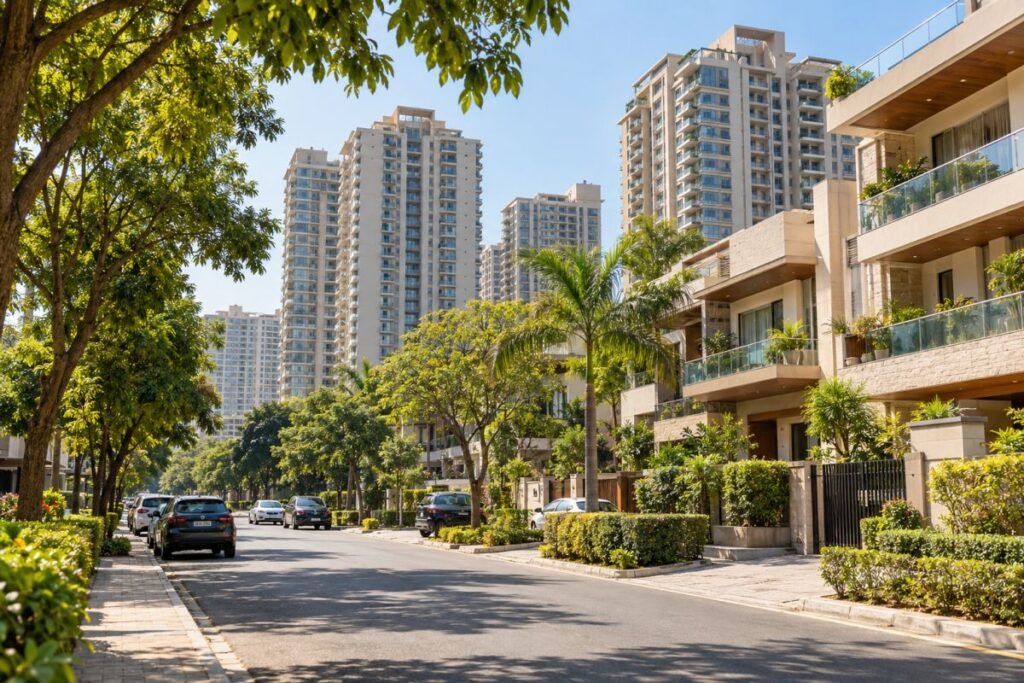 Properties in Sector 57 Gurugram, showing established residential buildings and tree-lined neighbourhood streets.