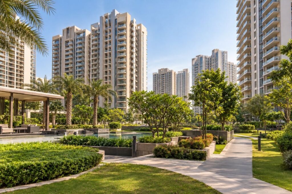 Premium residential properties in Sector 59, Gurugram, with modern high-rise apartment buildings.