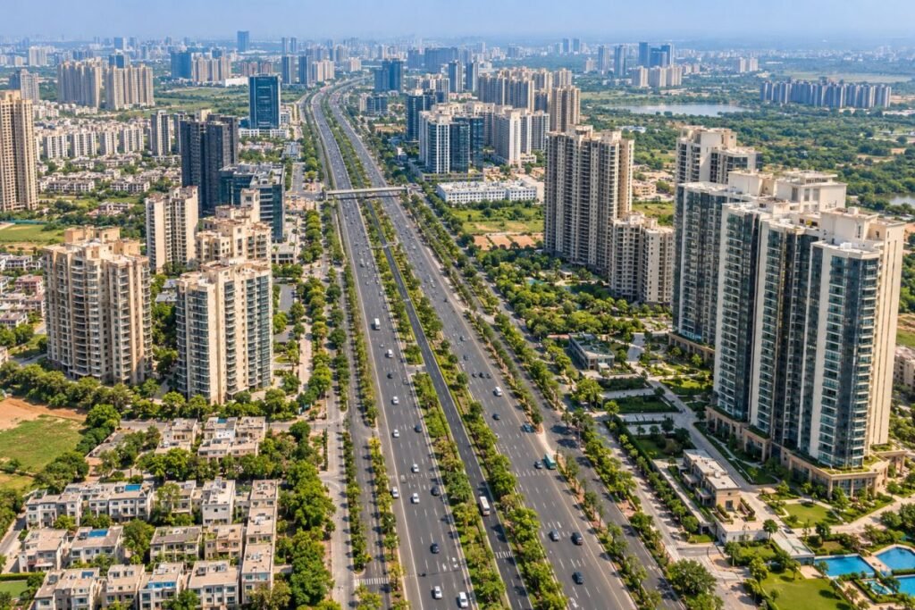 Properties in Southern Peripheral Road, Gurugram, showing residential towers and the surrounding road network.