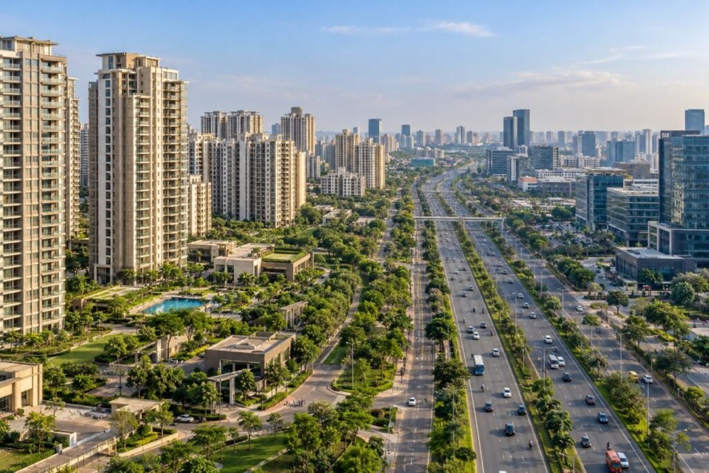 Residential properties near IT and corporate hubs in Gurugram along a modern urban corridor.
