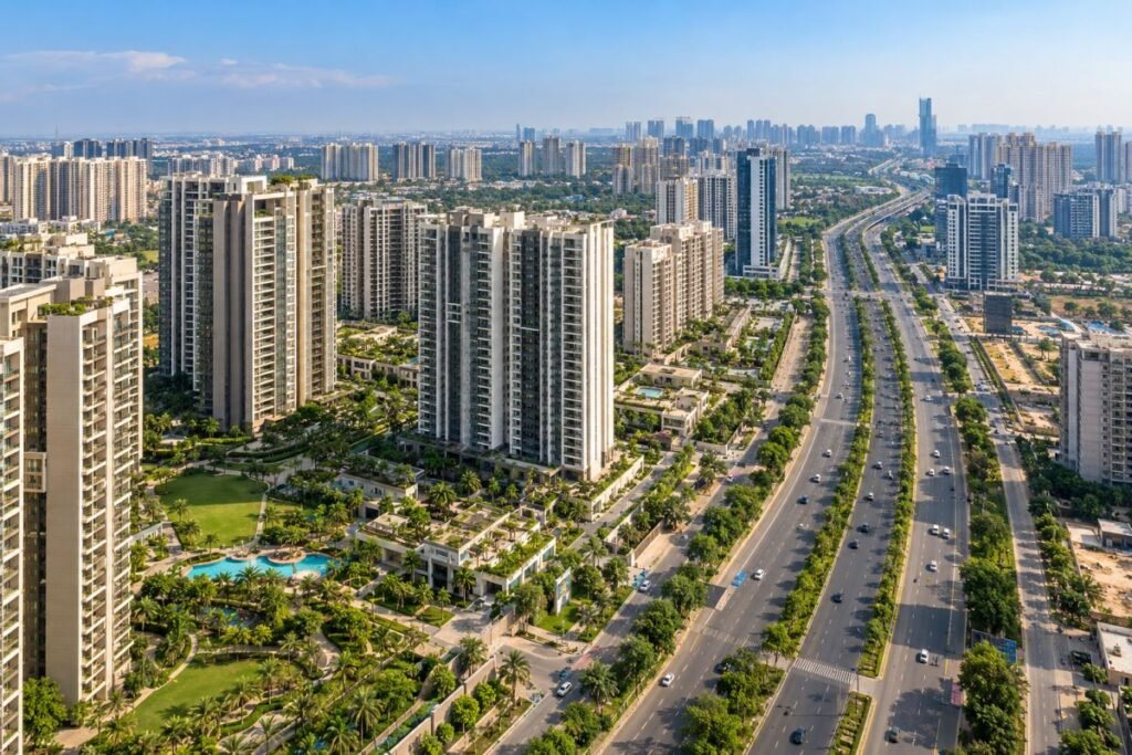 Residential properties along Southern Peripheral Road in Gurugram with modern apartment towers and landscaped roads.