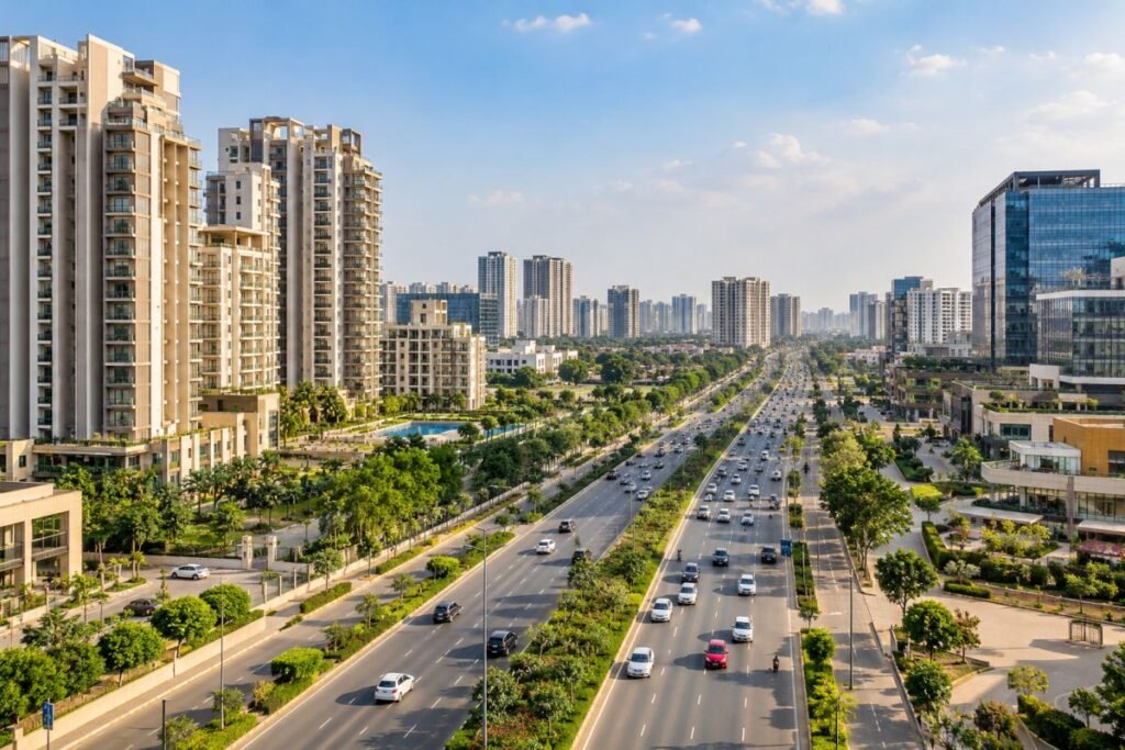 Gurugram road infrastructure and modern buildings illustrating connectivity around Sector 57 and Golf Course Extension Road.