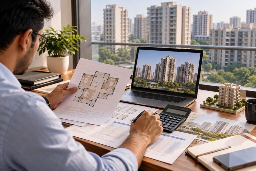 Homebuyer reviewing property documents, floor plans and purchase costs before buying a property in Sector 57 Gurugram.