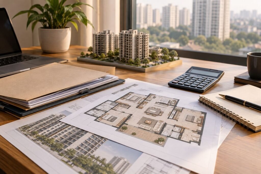 Property purchase due diligence with apartment floor plans and financial documents for Gurugram real estate buyers.