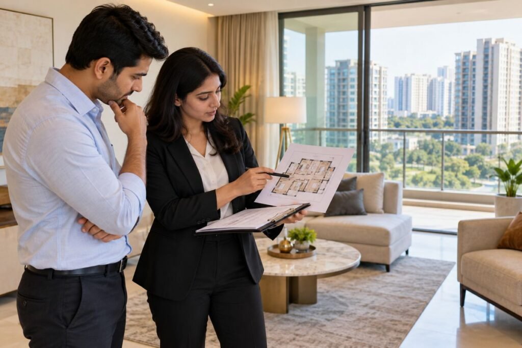 Homebuyer inspecting a property in Sector 60 Gurugram with a real-estate advisor and apartment floor plan.