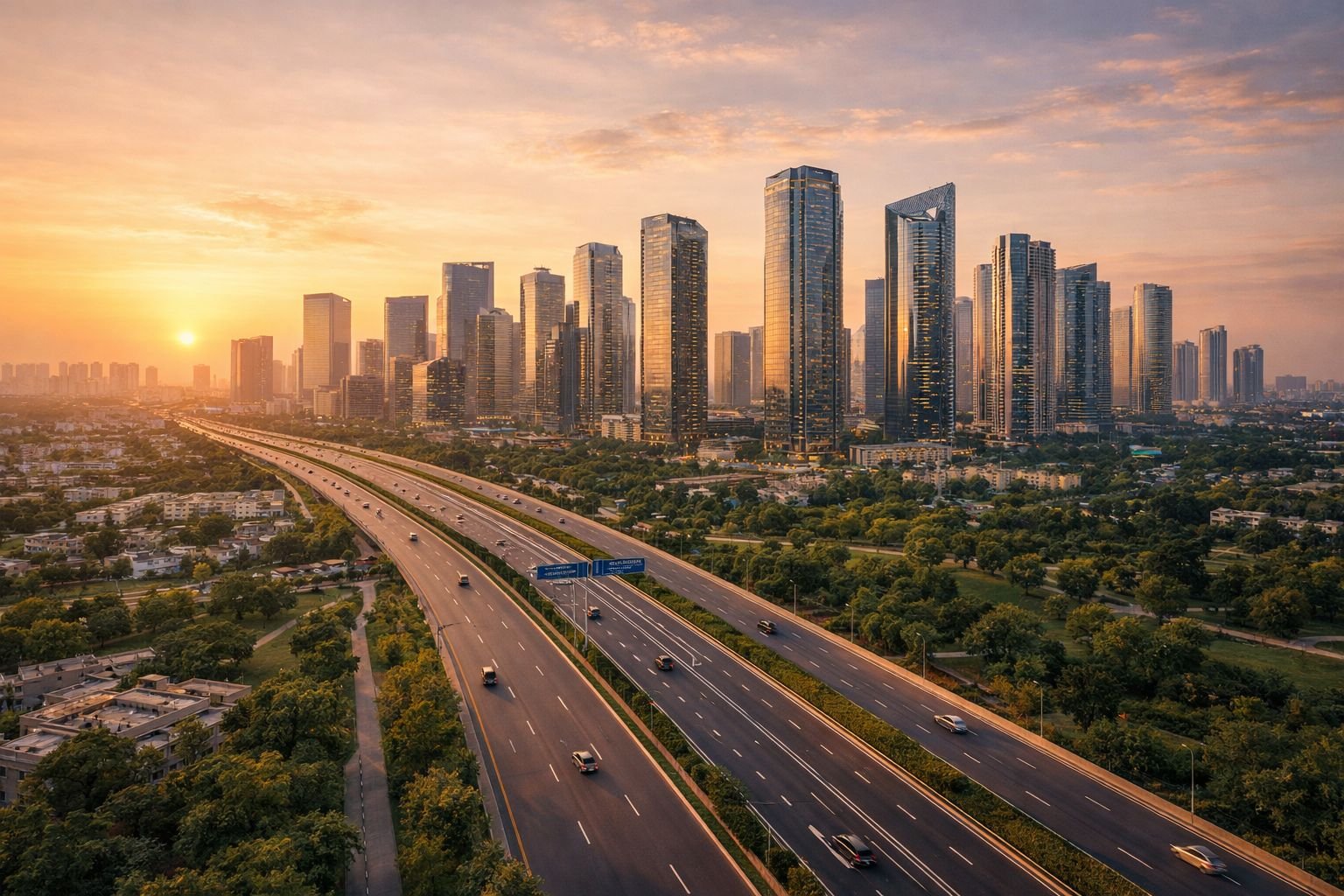 Future development vision of Dwarka Expressway Gurgaon with modern skyline and infrastructure