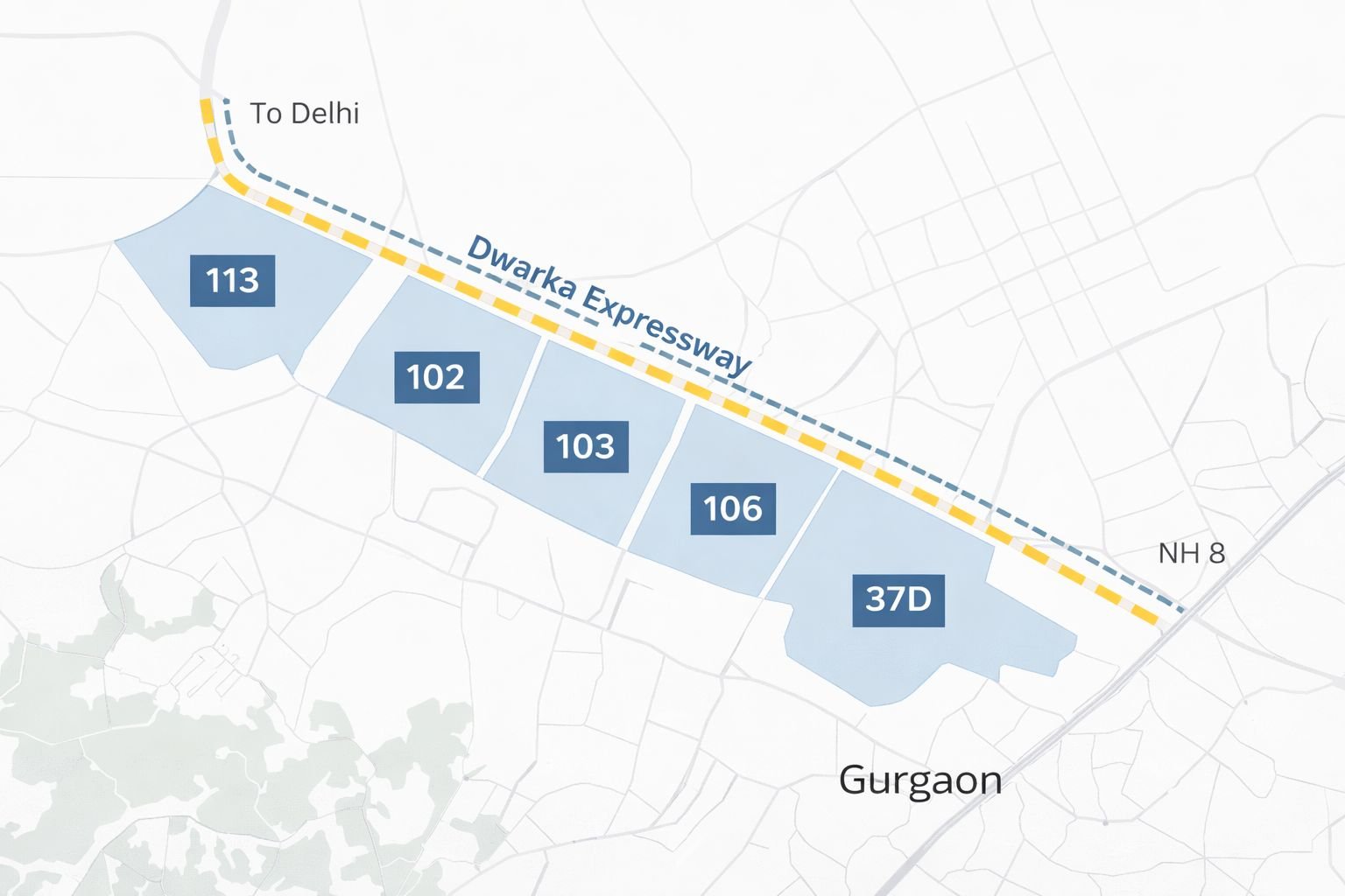 Map highlighting key sectors 102, 103, 106, 113 and 37D on Dwarka Expressway Gurgaon