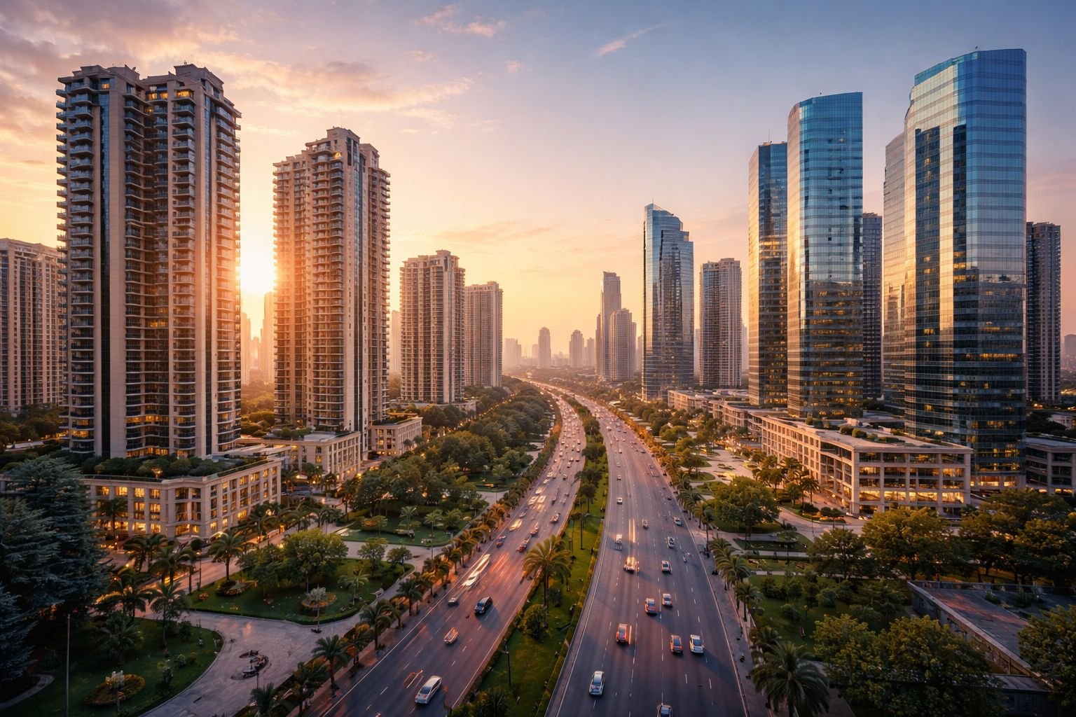 Gurgaon skyline with modern residential and commercial real estate developments