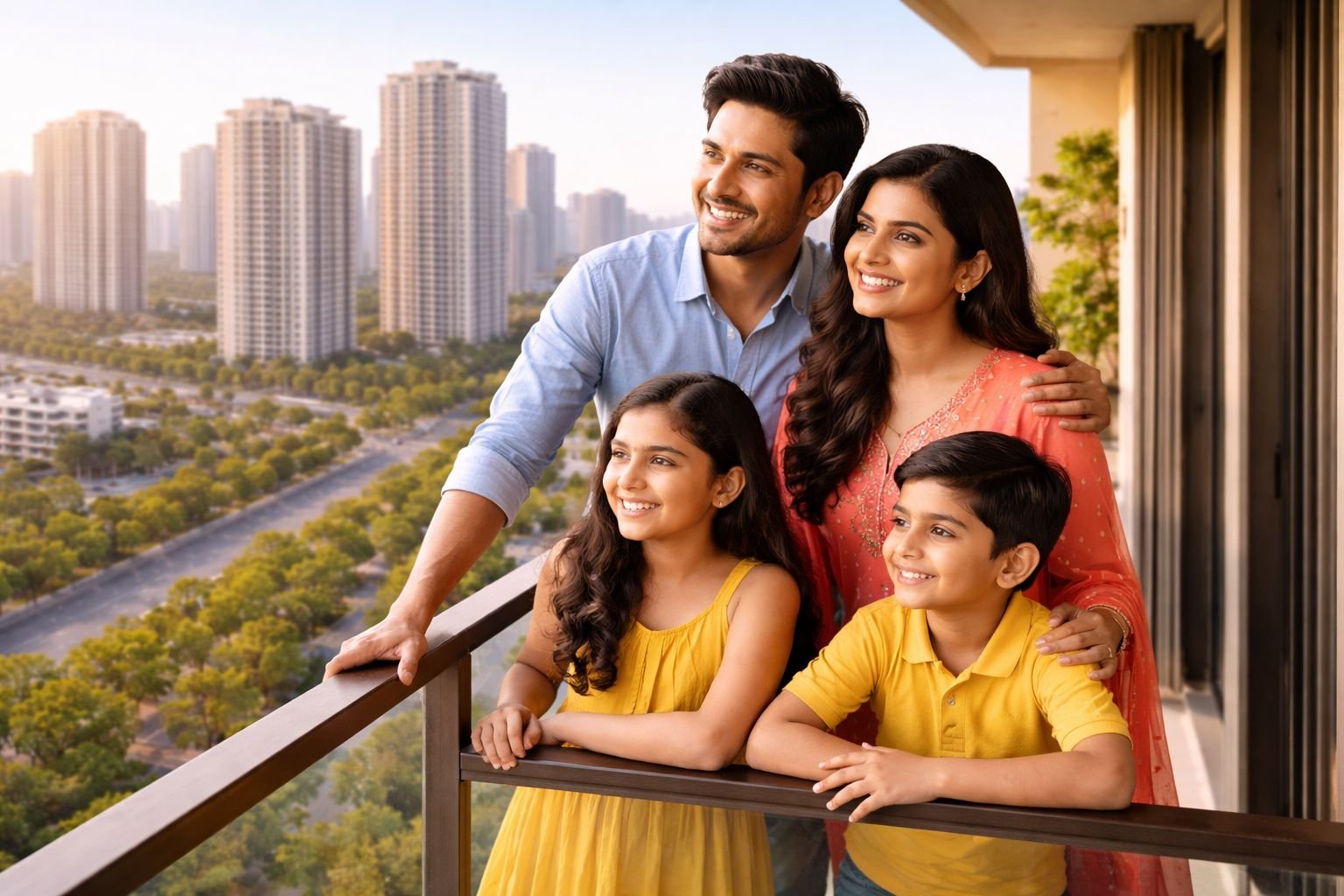 Modern Indian family in premium apartment balcony lifestyle Gurgaon